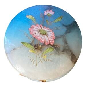 Genuine Alabaster Round Hand Carved Trinket Box Hinged Lid Cosmos Flower Vintage